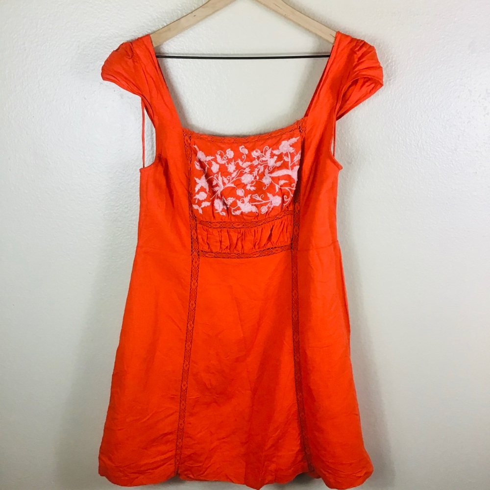 Anthropologie Free People Orange Embroidered Linen